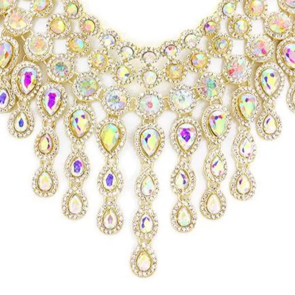 Crystal Teardrop Fringe Statement Evening Necklace Set