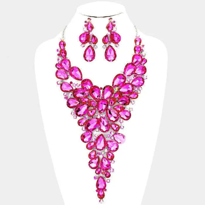 Crystal Teardrop Fuchsia Cluster Vine Necklace Set