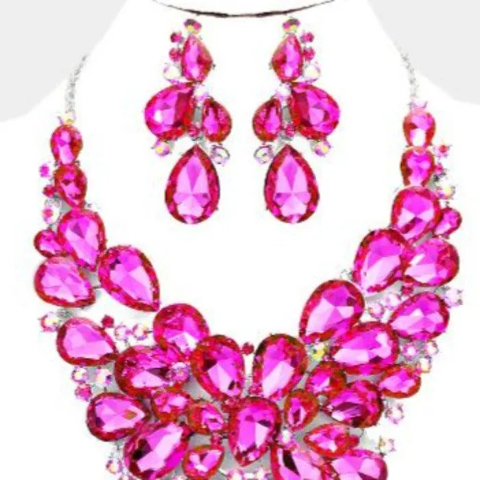 Crystal Teardrop Fuchsia Cluster Vine Necklace Set