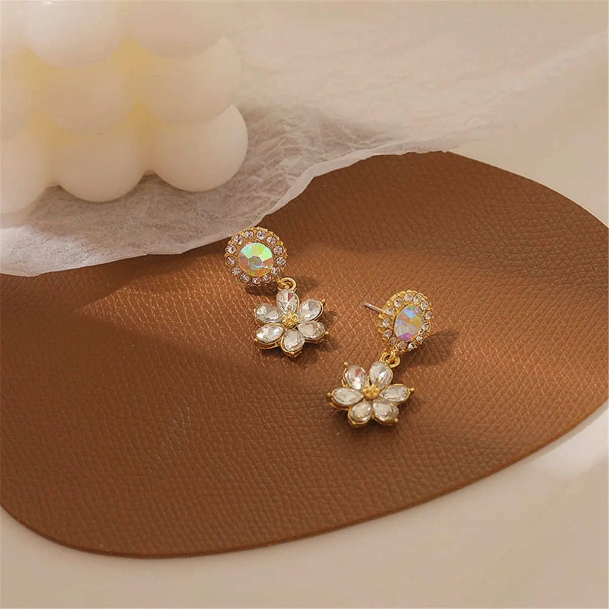 Cubic Zirconia & Crystal Round Flower Drop Earrings