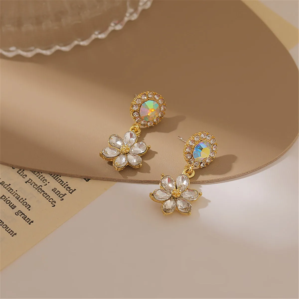 Cubic Zirconia & Crystal Round Flower Drop Earrings
