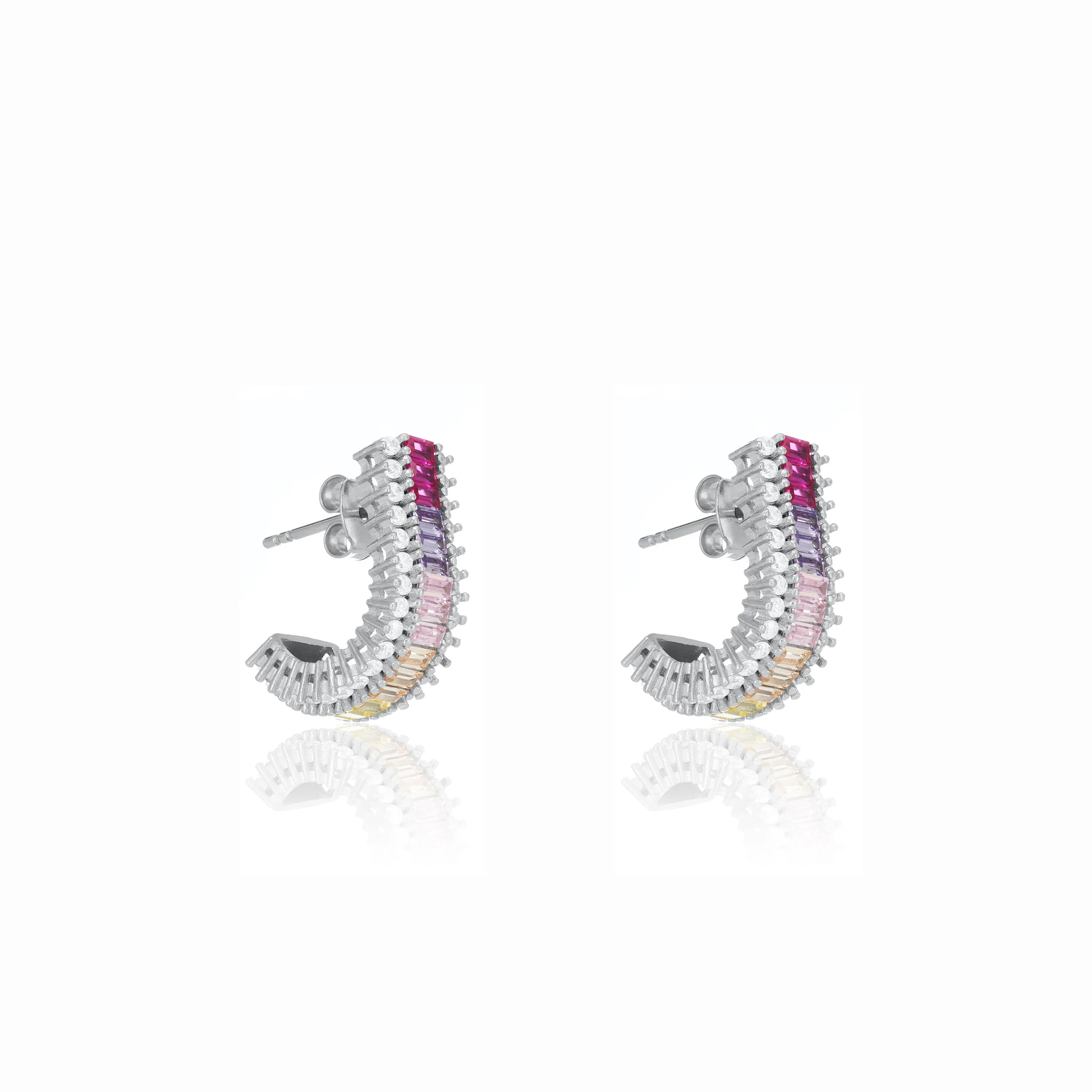 Curved Baguette Bar Earrings - Silver Rainbow
