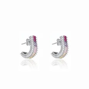 Curved Baguette Bar Earrings - Silver Rainbow