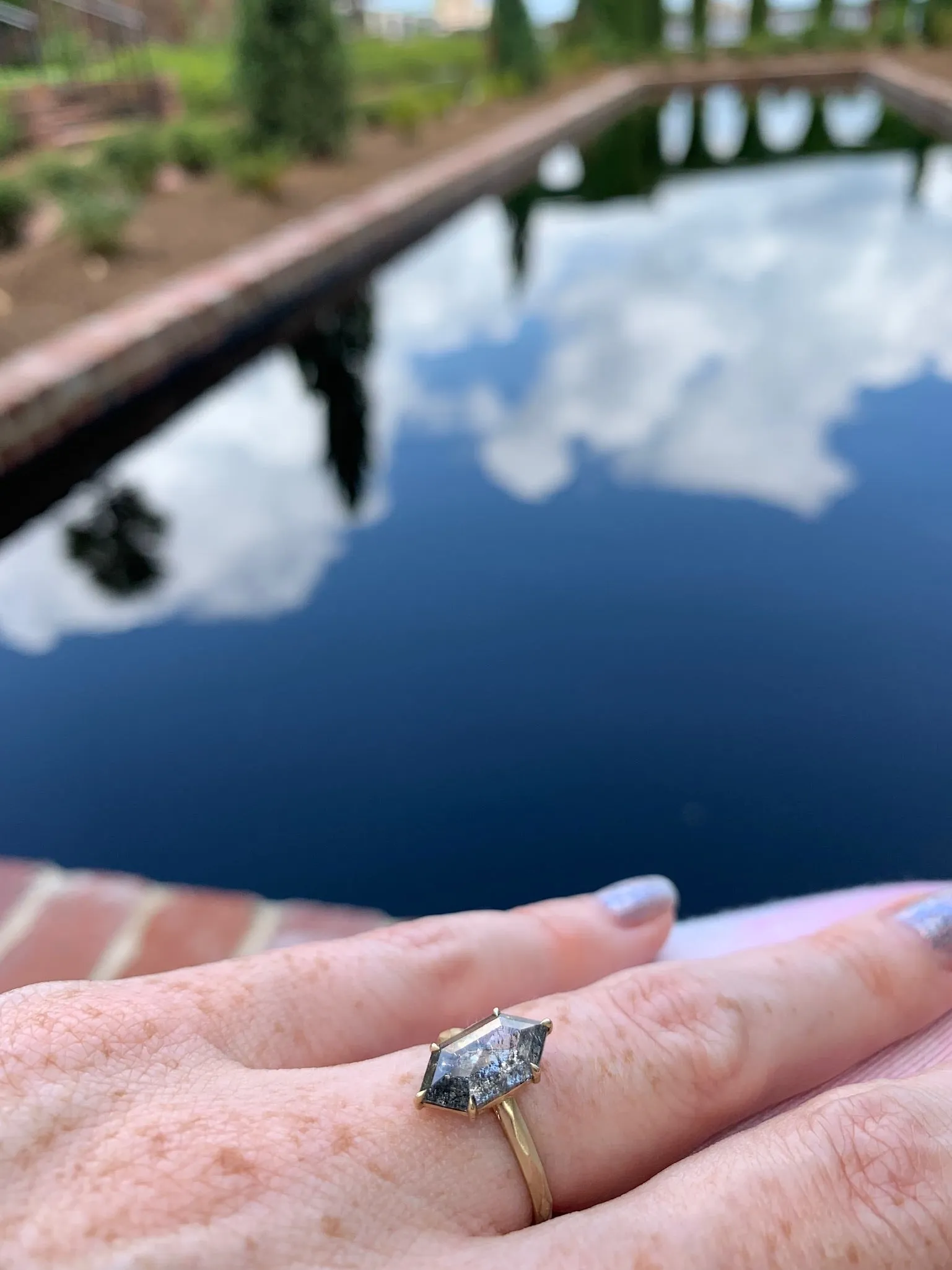Custom Salt and Pepper Hexagon Diamond With Yellow Gold Faceted Band
