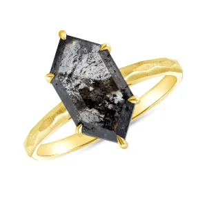 Custom Salt and Pepper Hexagon Diamond With Yellow Gold Faceted Band