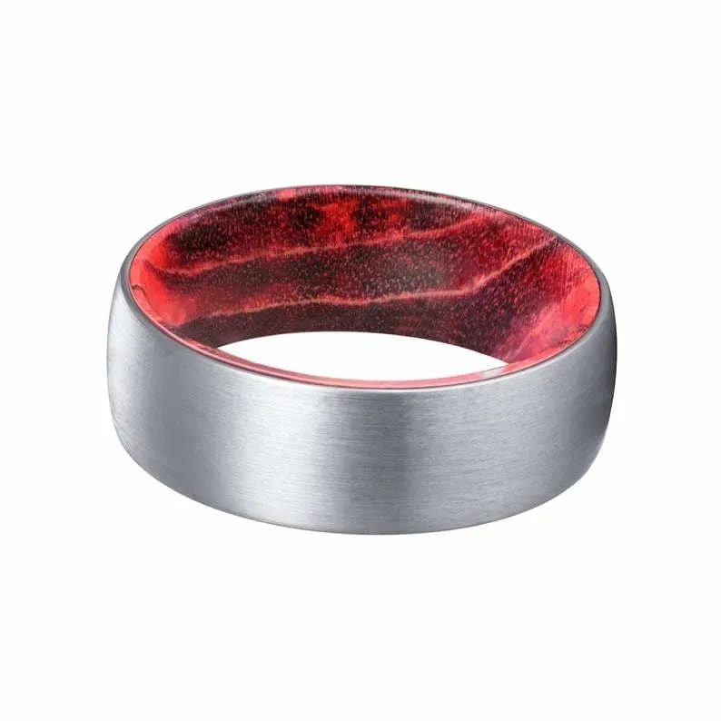 DALLAS Domed Men's Tungsten Ring with Black/Red Box Elder Wood Sleeve 8mm