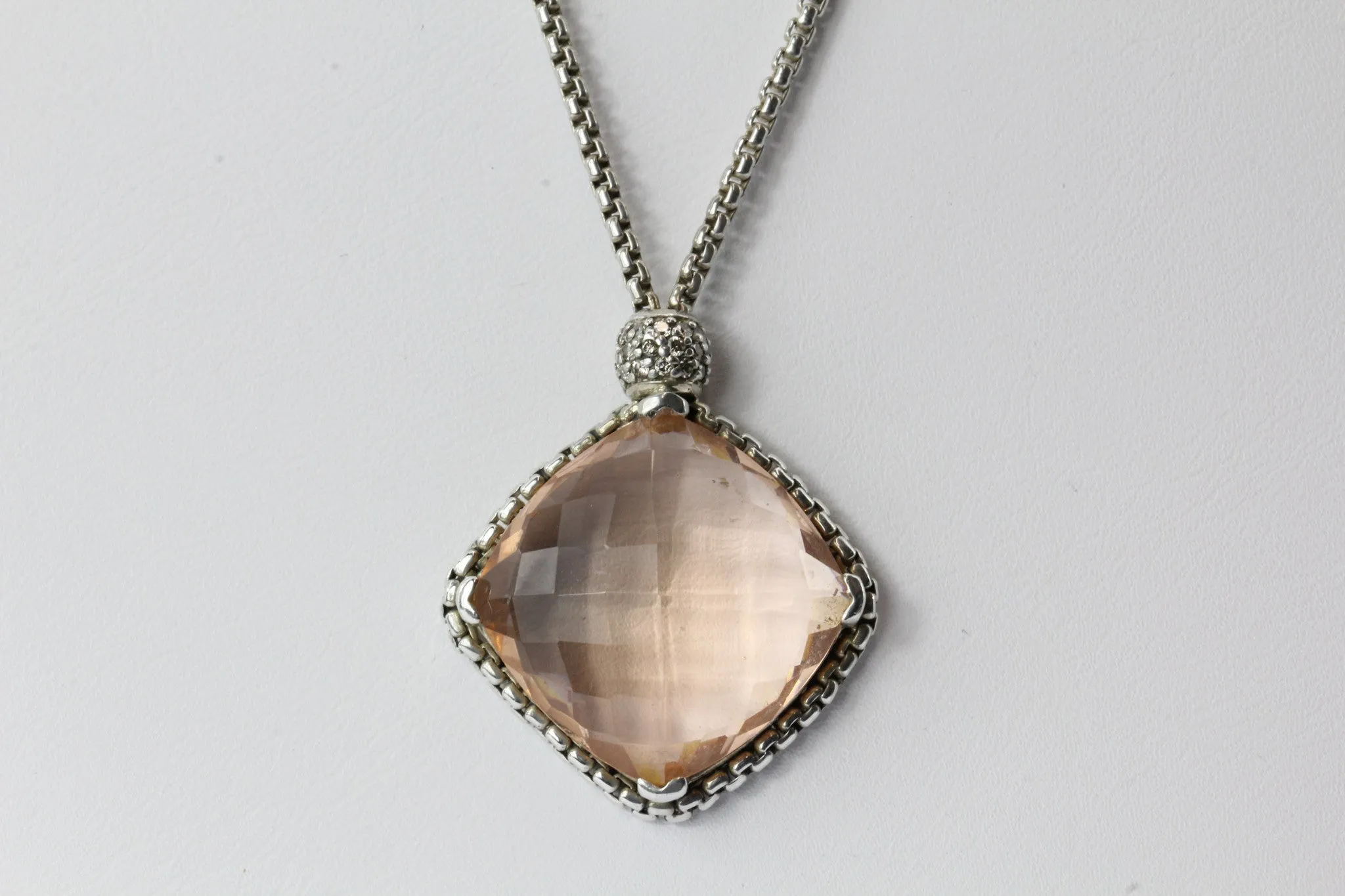 David Yurman Sterling Silver Morganite & Diamond Cushion on Point Necklace