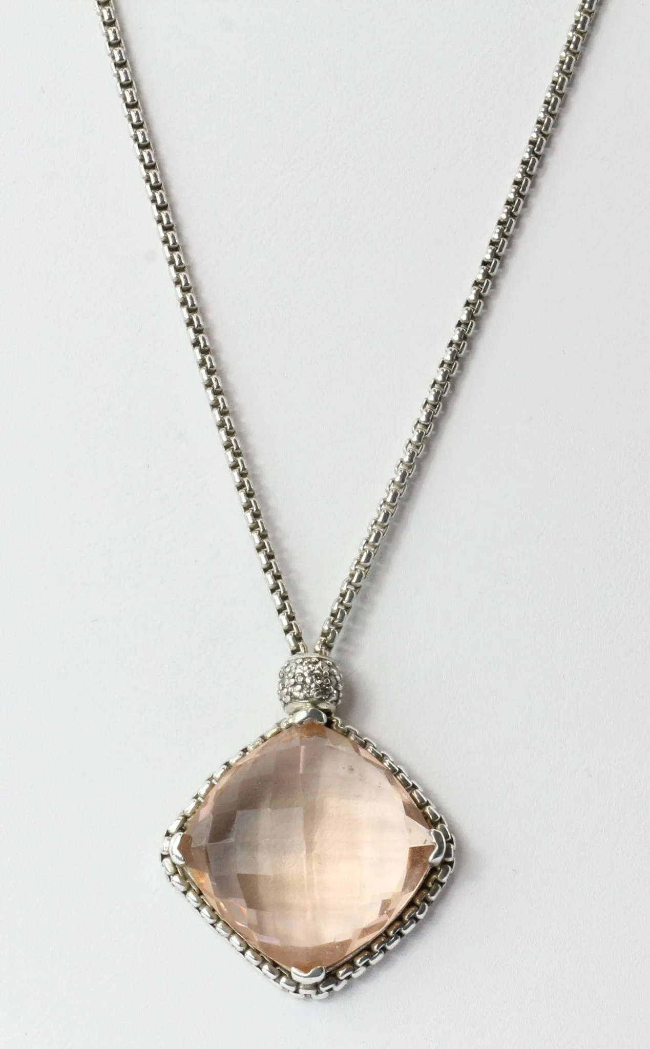 David Yurman Sterling Silver Morganite & Diamond Cushion on Point Necklace