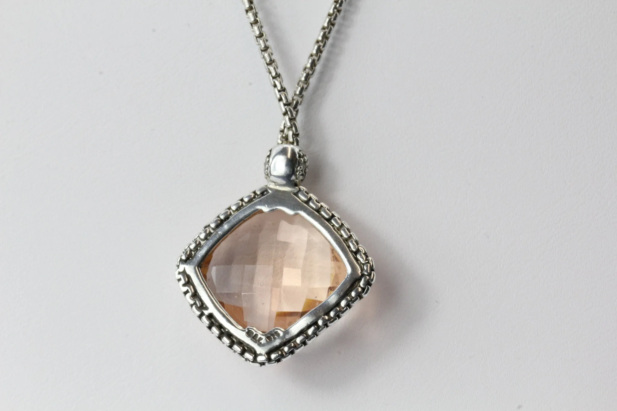 David Yurman Sterling Silver Morganite & Diamond Cushion on Point Necklace