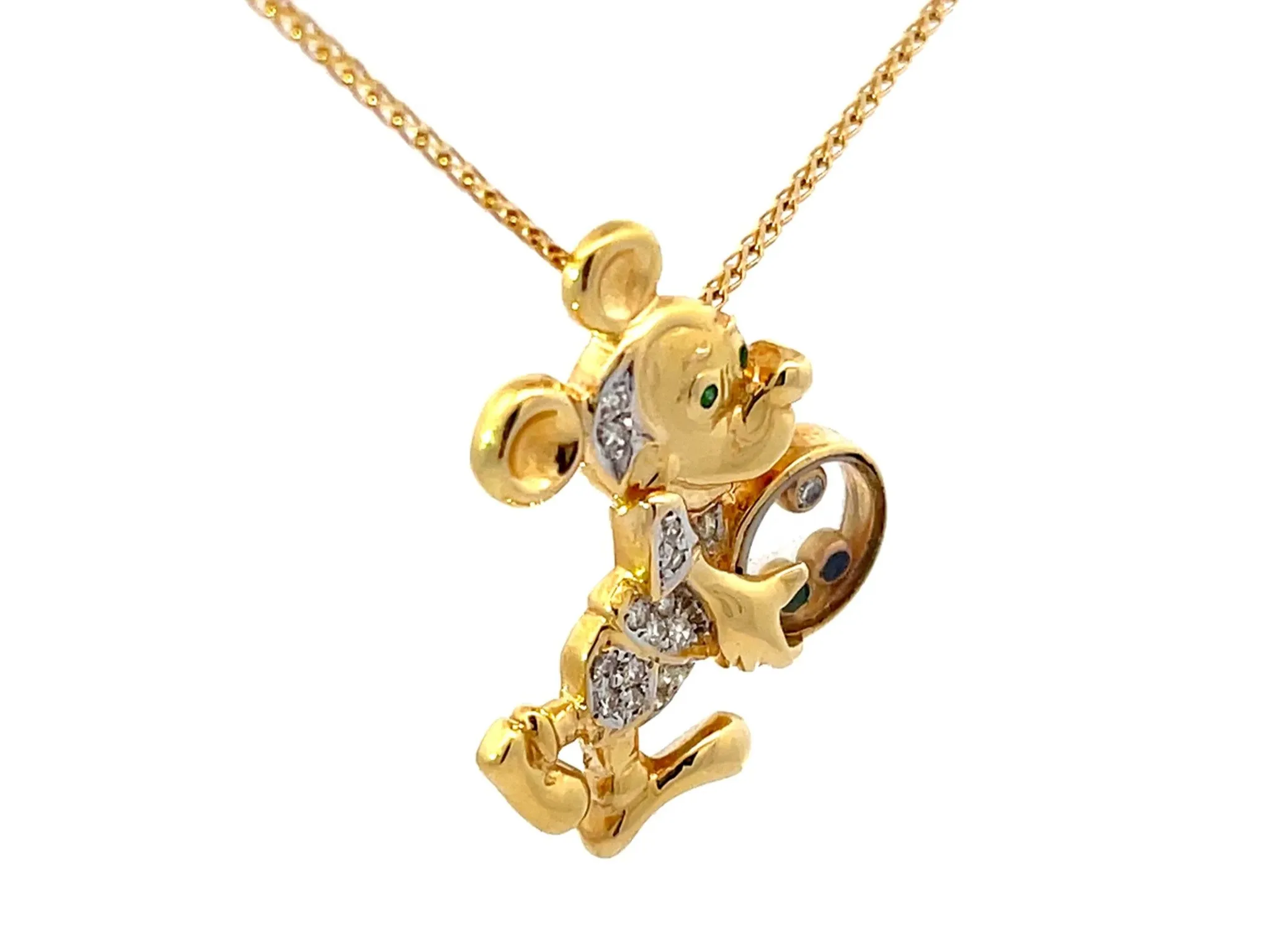 Diamond Emerald Sapphire Mickey Mouse Pendant Necklace Solid 18k Yellow Gold