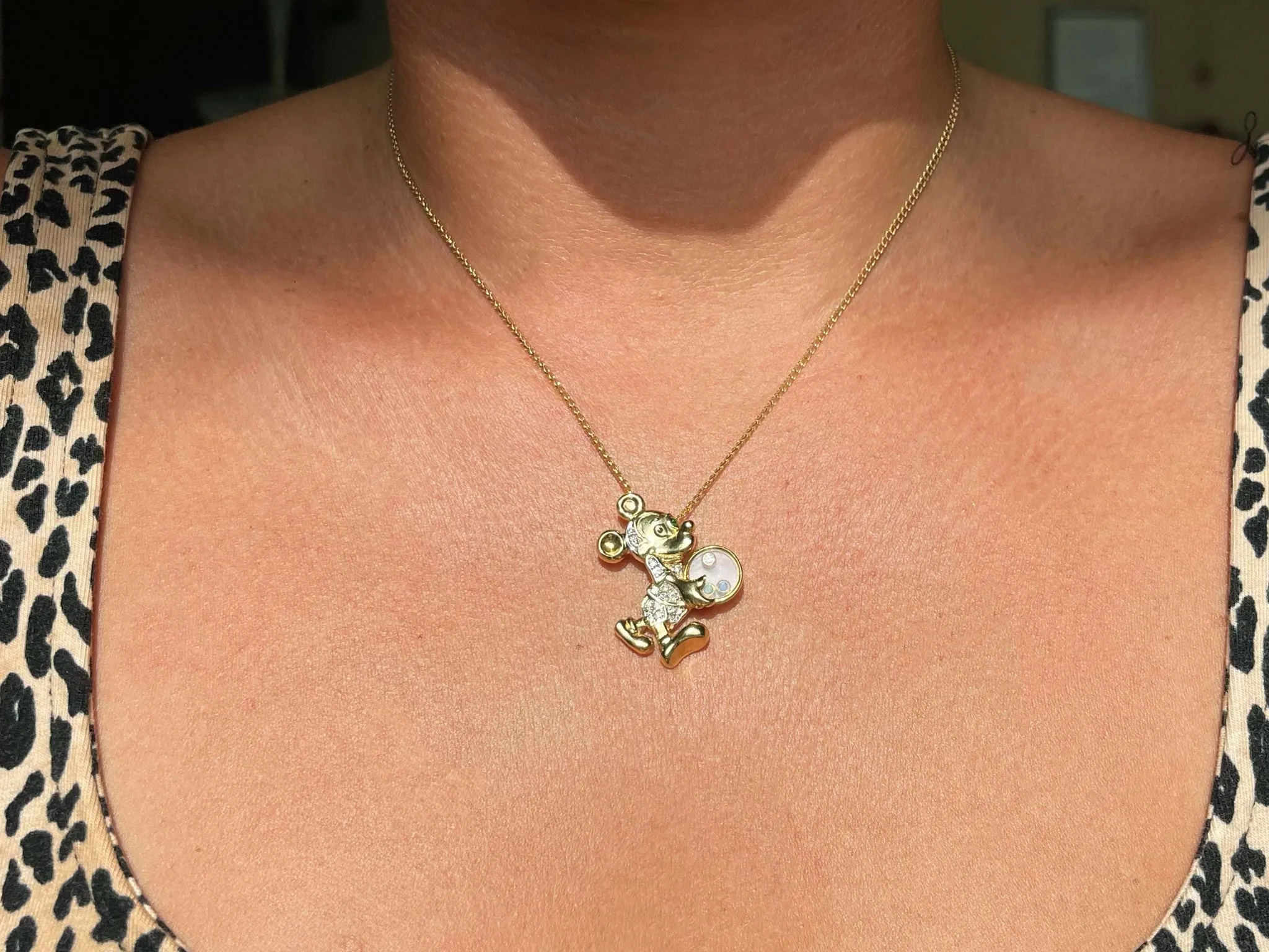 Diamond Emerald Sapphire Mickey Mouse Pendant Necklace Solid 18k Yellow Gold