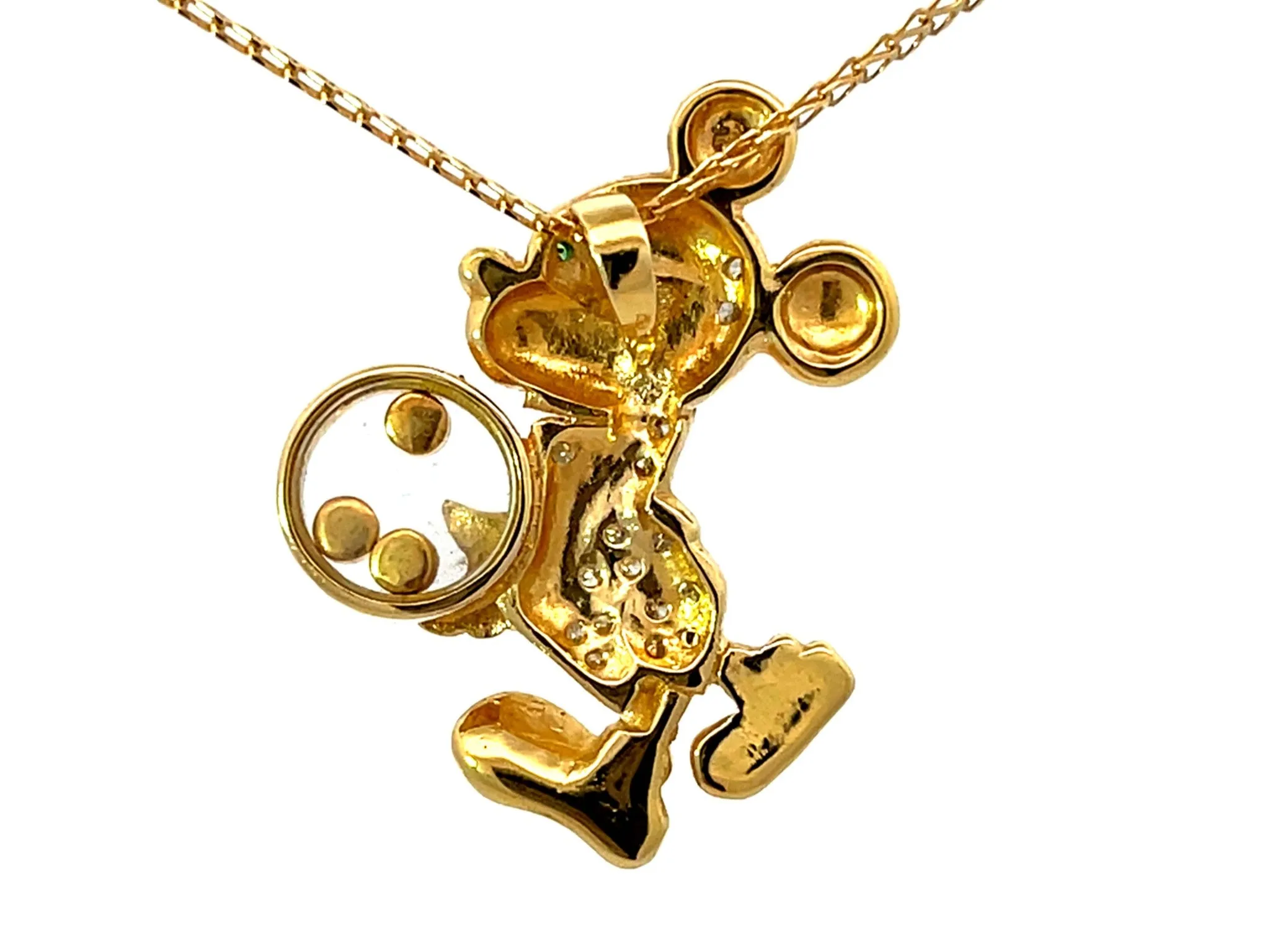 Diamond Emerald Sapphire Mickey Mouse Pendant Necklace Solid 18k Yellow Gold