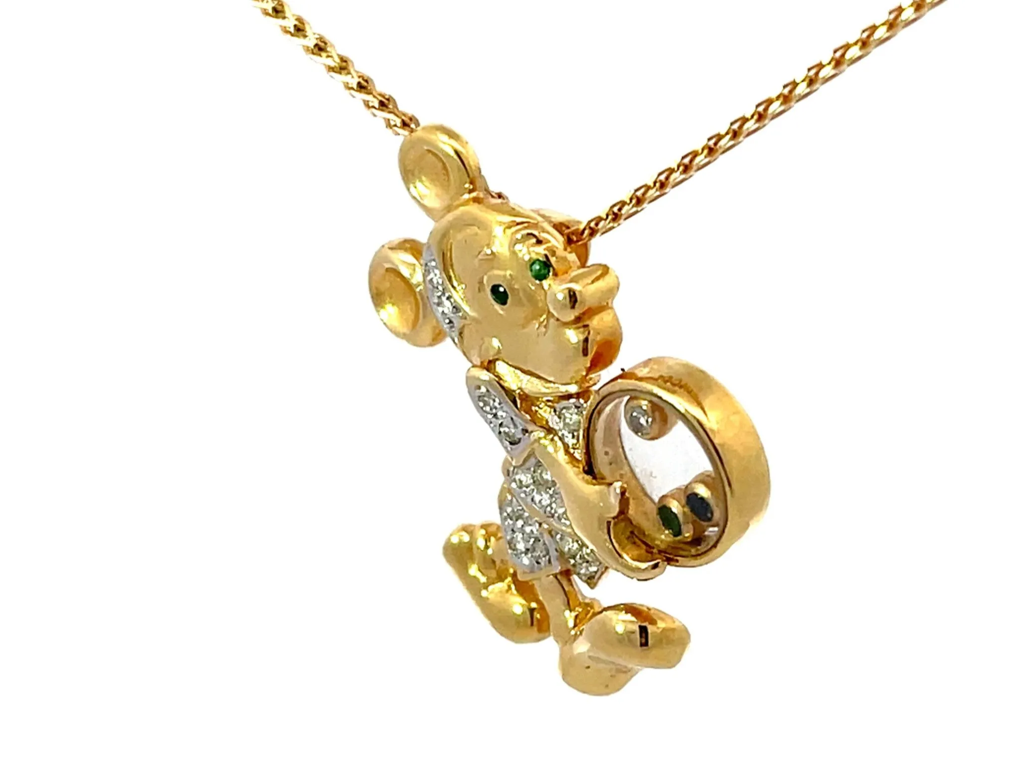 Diamond Emerald Sapphire Mickey Mouse Pendant Necklace Solid 18k Yellow Gold