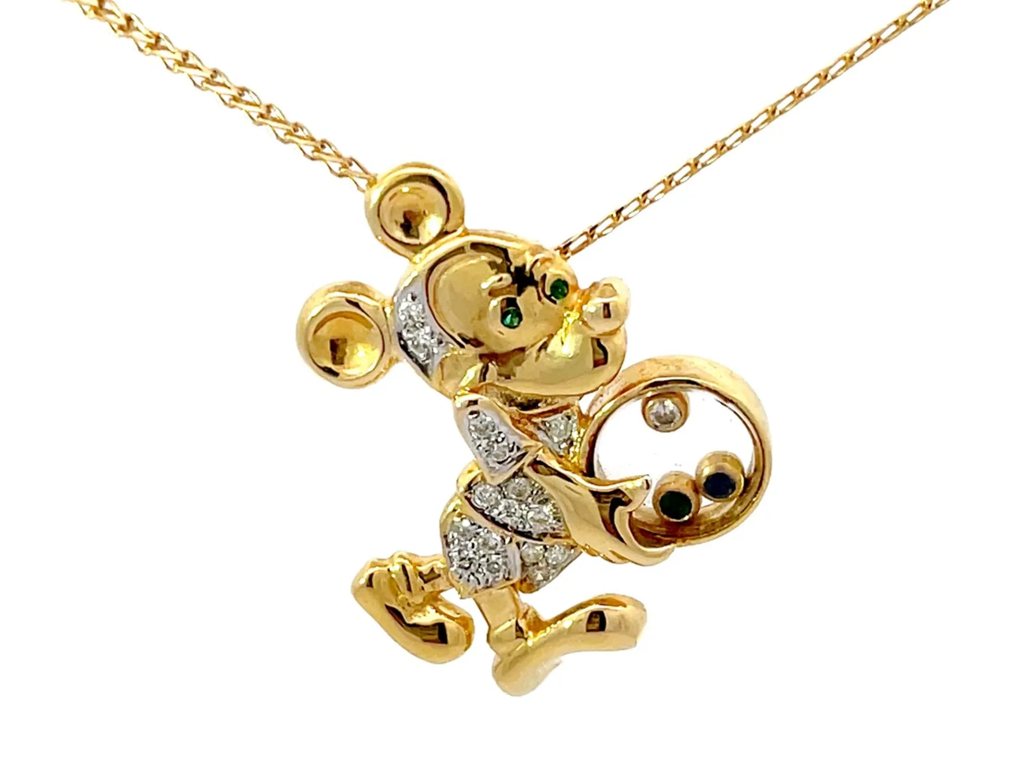 Diamond Emerald Sapphire Mickey Mouse Pendant Necklace Solid 18k Yellow Gold