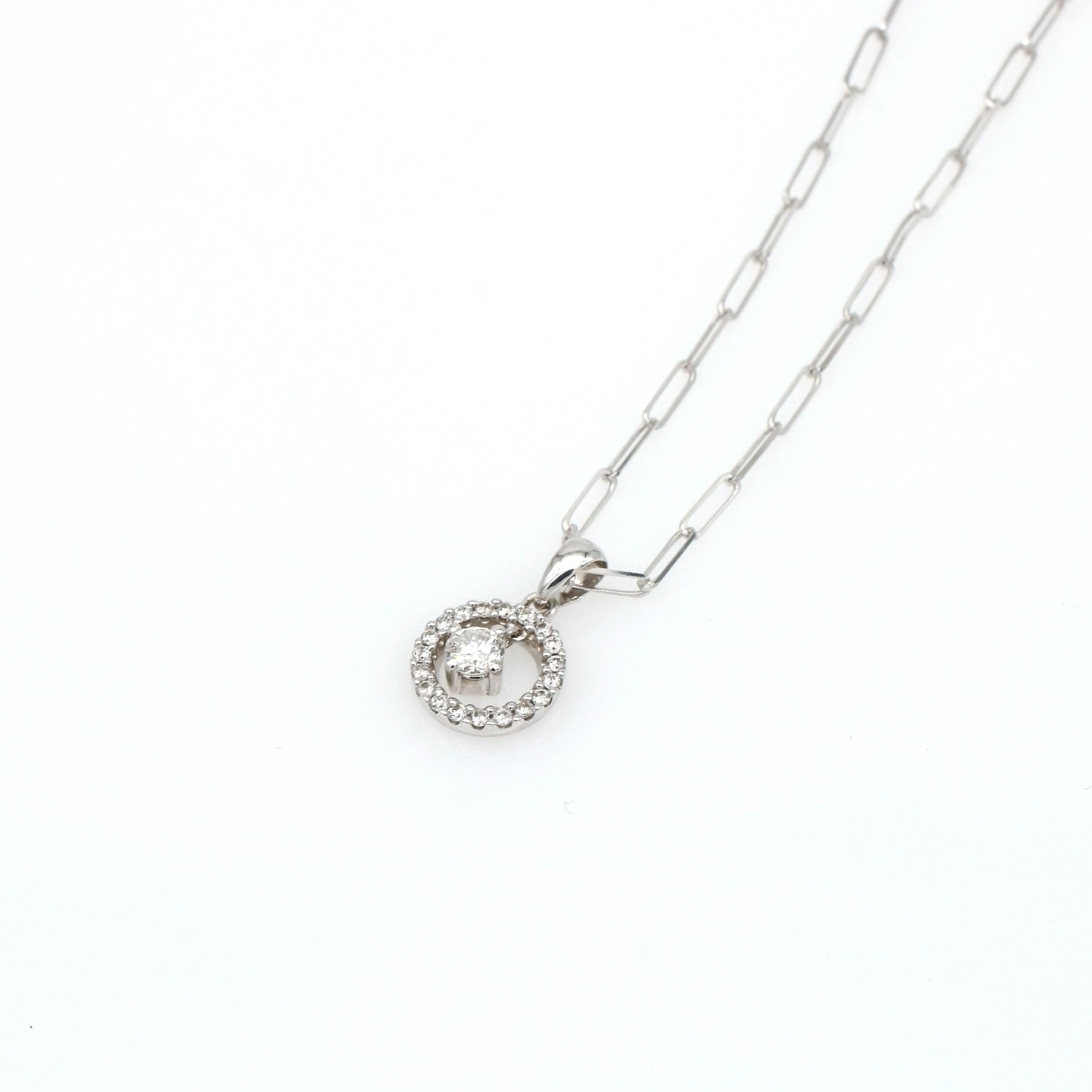 Diamond Round Dangling Pendant on Paperclip Chain in 14k White Gold 0.75 cttw