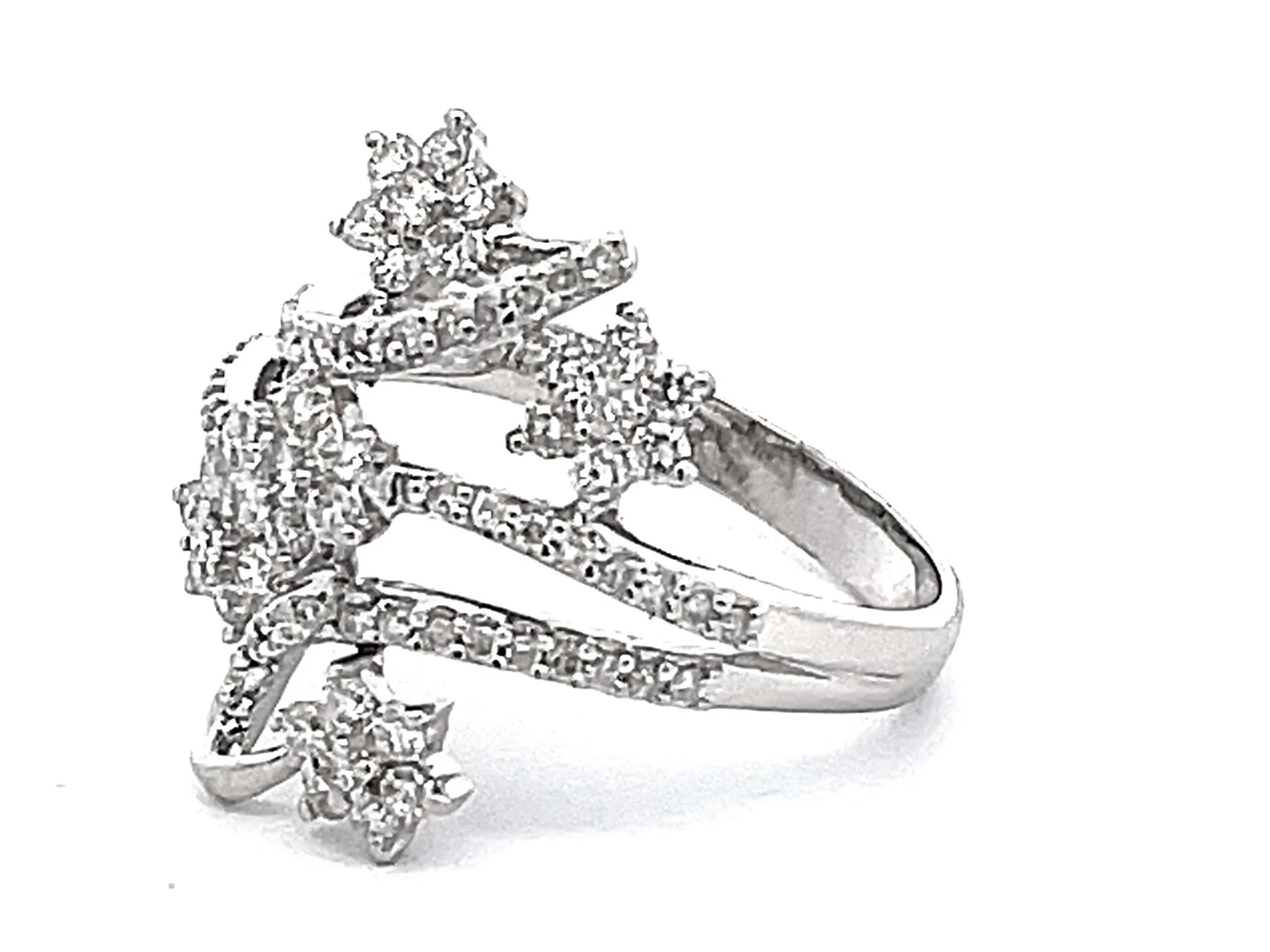 Diamond Row and Diamond Flower Wide Ring in 14k White Gold