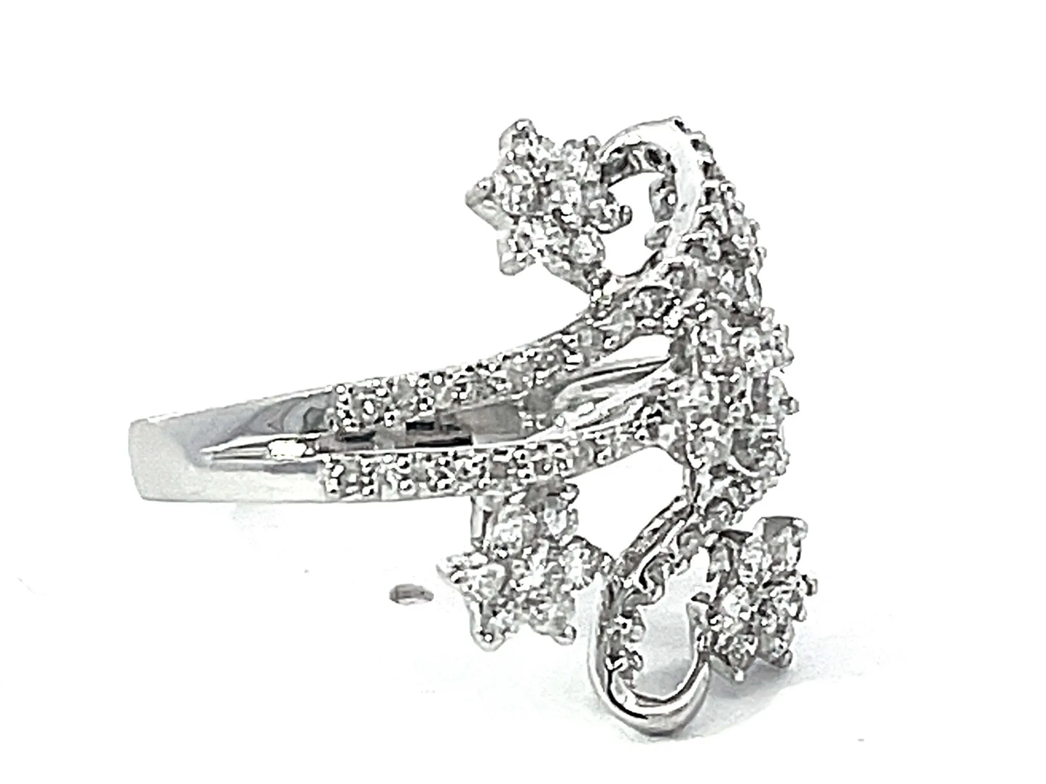 Diamond Row and Diamond Flower Wide Ring in 14k White Gold