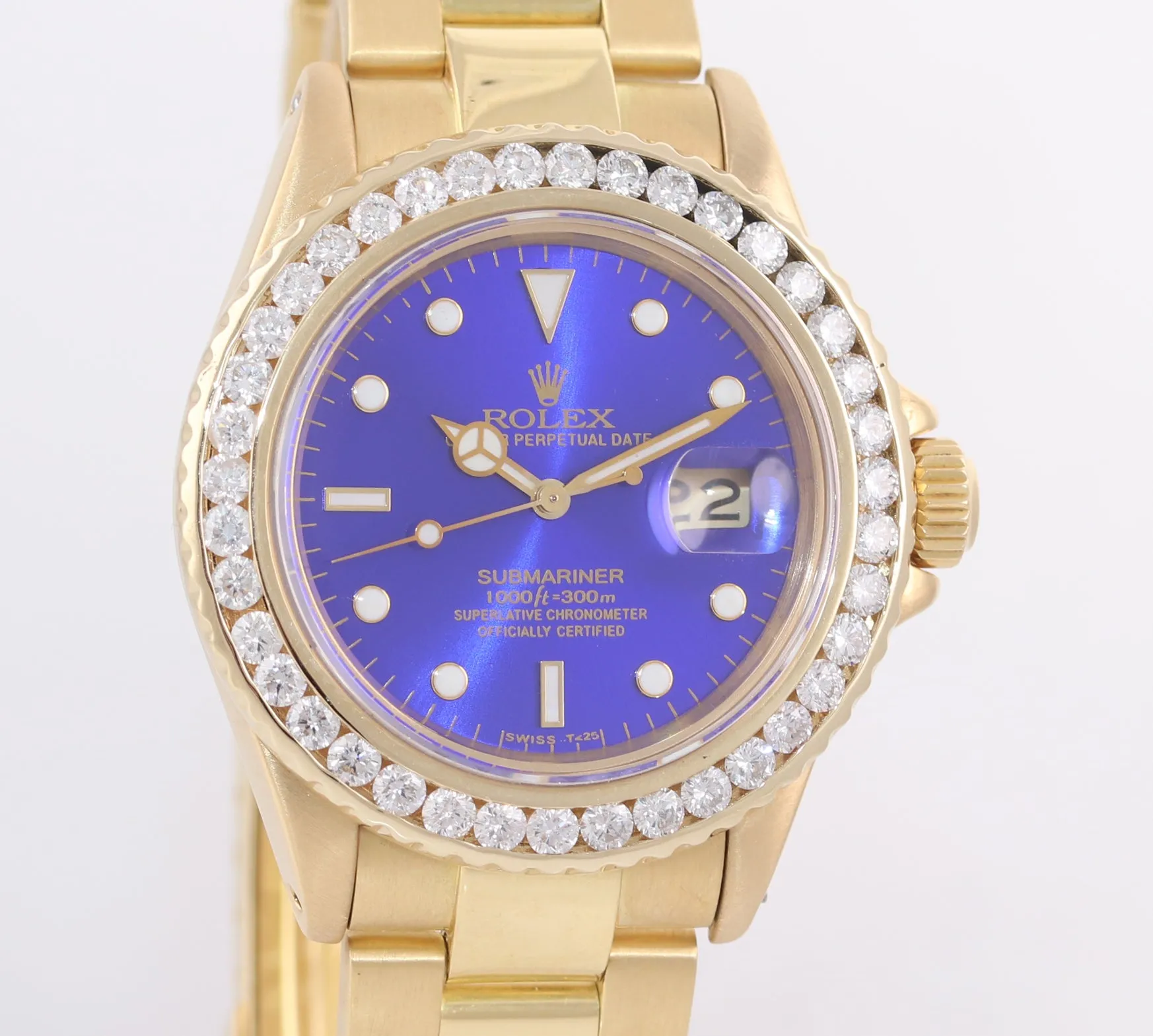 DIAMONDS Rolex Submariner Date 16808 18k Yellow Gold Blue Dial 40mm Watch 16618