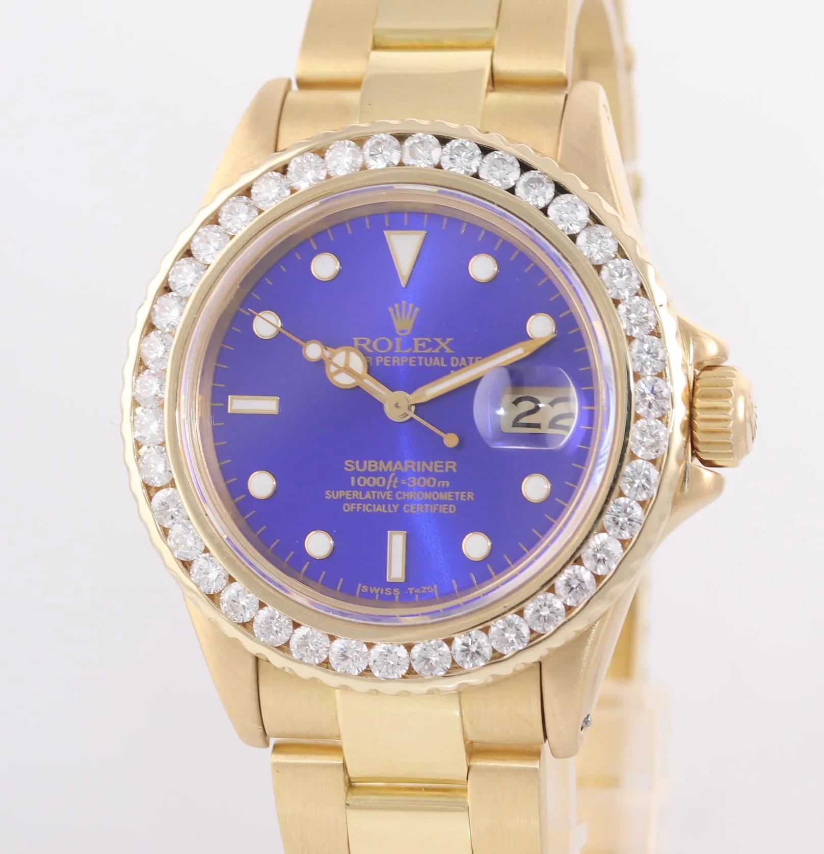DIAMONDS Rolex Submariner Date 16808 18k Yellow Gold Blue Dial 40mm Watch 16618