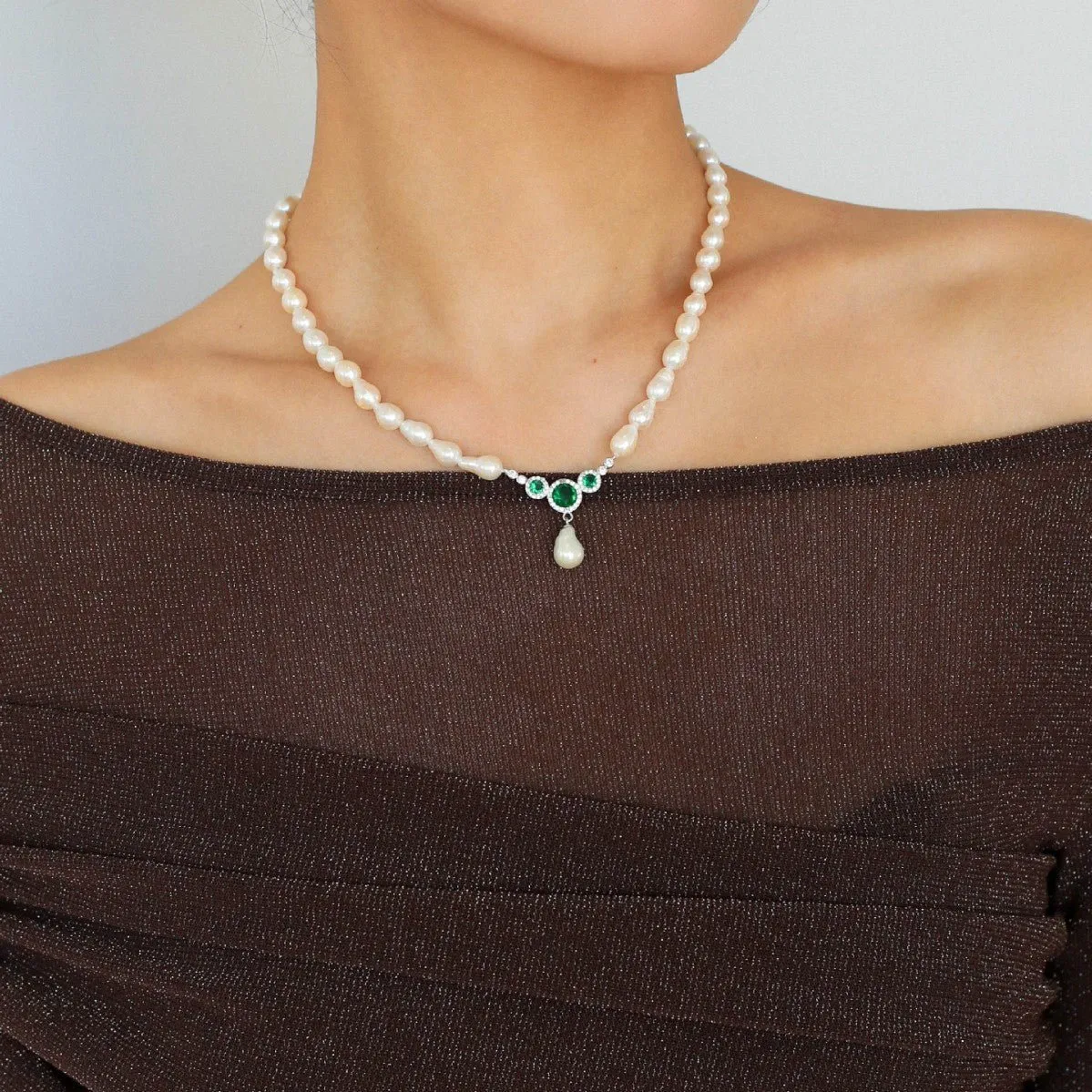 Drop Baroque Pearl Emerald Pendant Necklace