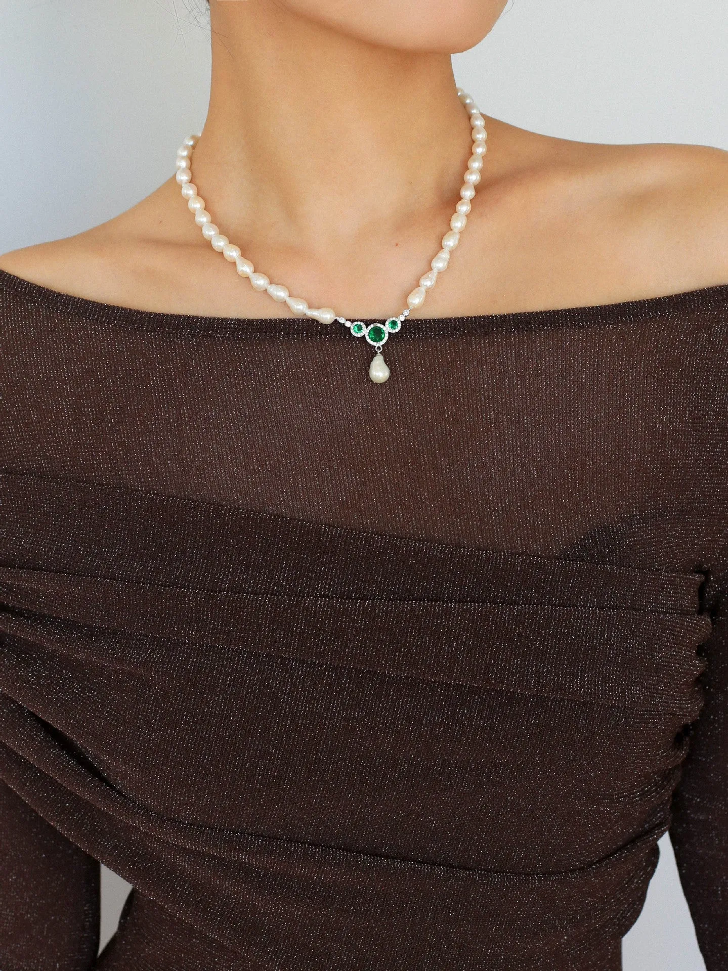 Drop Baroque Pearl Emerald Pendant Necklace
