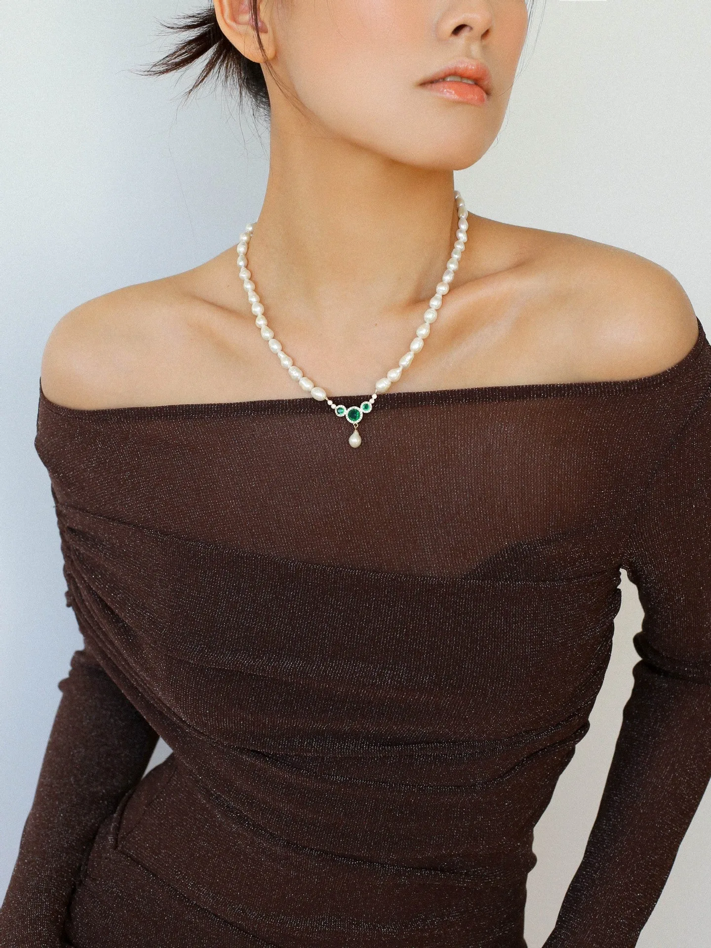 Drop Baroque Pearl Emerald Pendant Necklace