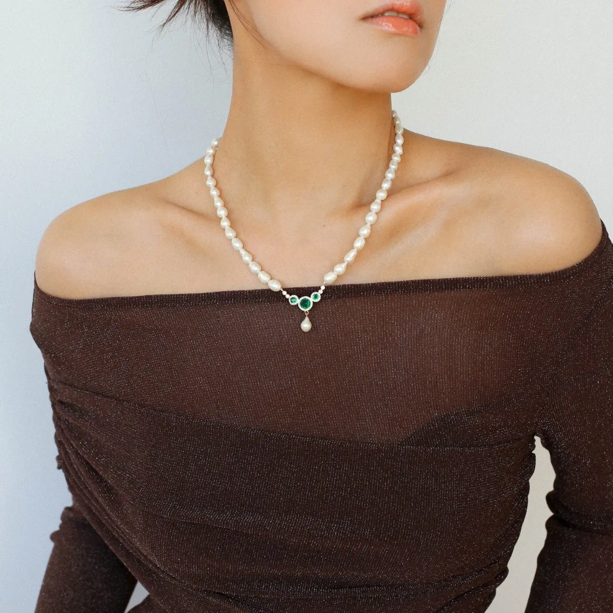 Drop Baroque Pearl Emerald Pendant Necklace