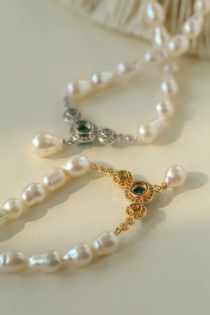 Drop Baroque Pearl Emerald Pendant Necklace