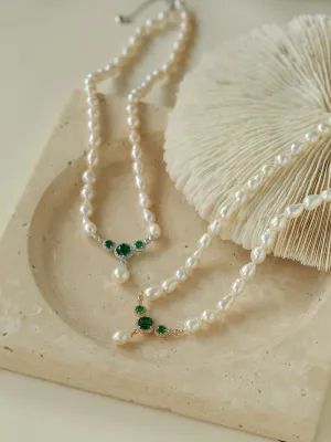 Drop Baroque Pearl Emerald Pendant Necklace