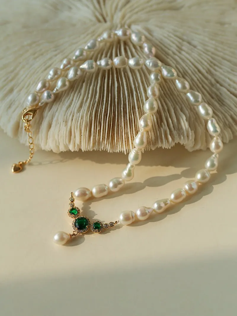 Drop Baroque Pearl Emerald Pendant Necklace