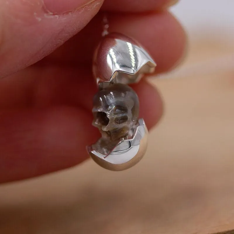 Eggshell Broken Pearl Skull Silver Pendant Necklace