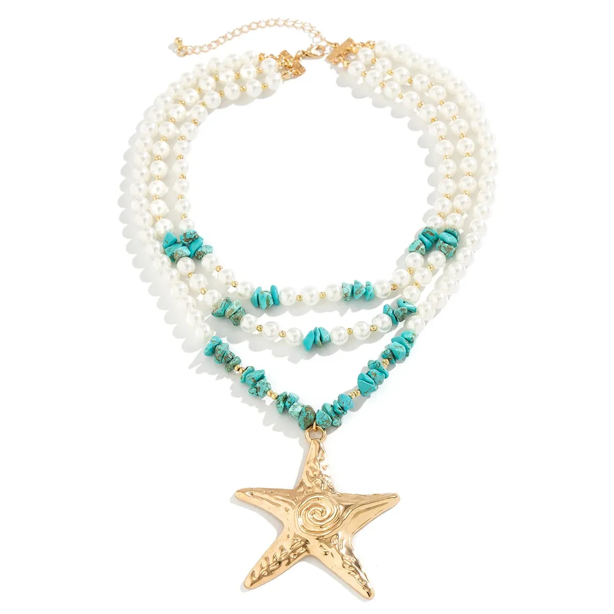 Elegant Big Starfish Star Pendant Pearl Stone Necklace