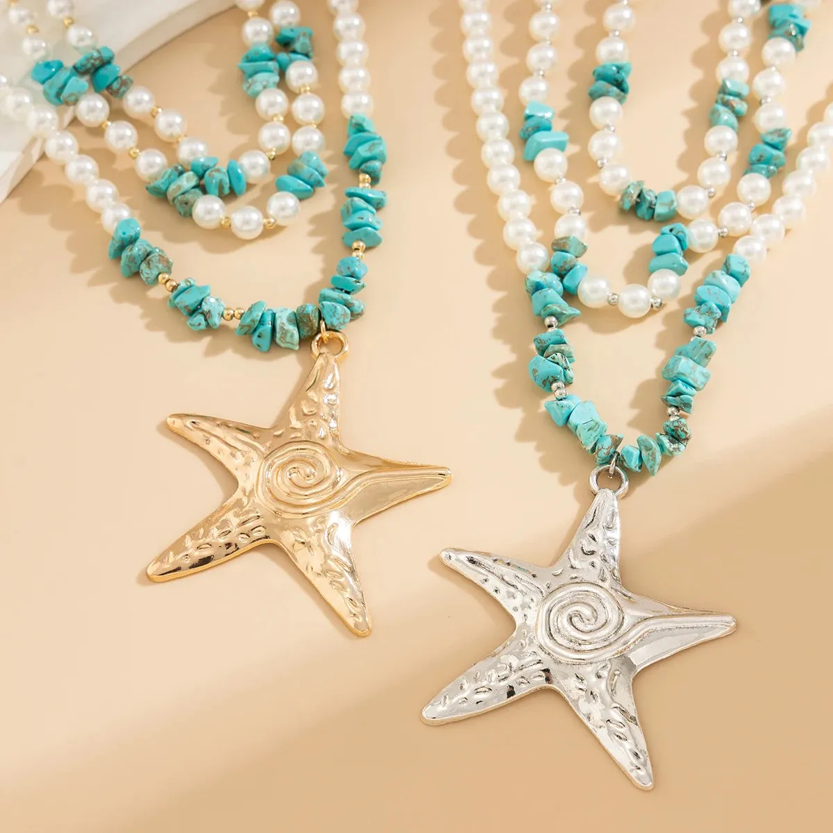 Elegant Big Starfish Star Pendant Pearl Stone Necklace