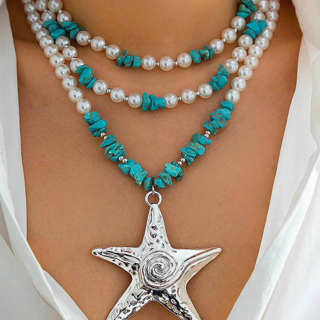 Elegant Big Starfish Star Pendant Pearl Stone Necklace