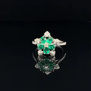 Emerald & Diamond Flower Cluster Ring in 18k White Gold - (#110-RGEME063429)