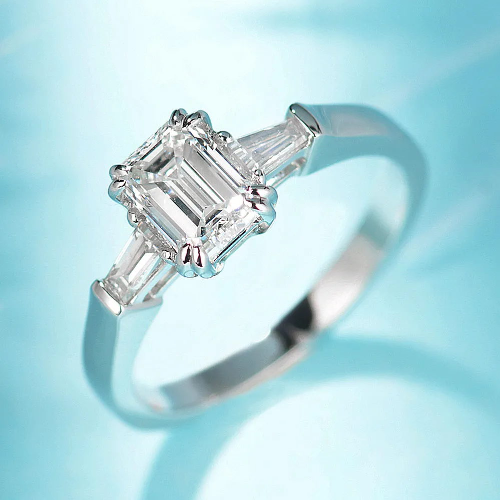 Emerald Cut Lab-Grown Diamond Three Stone Engagement Ring