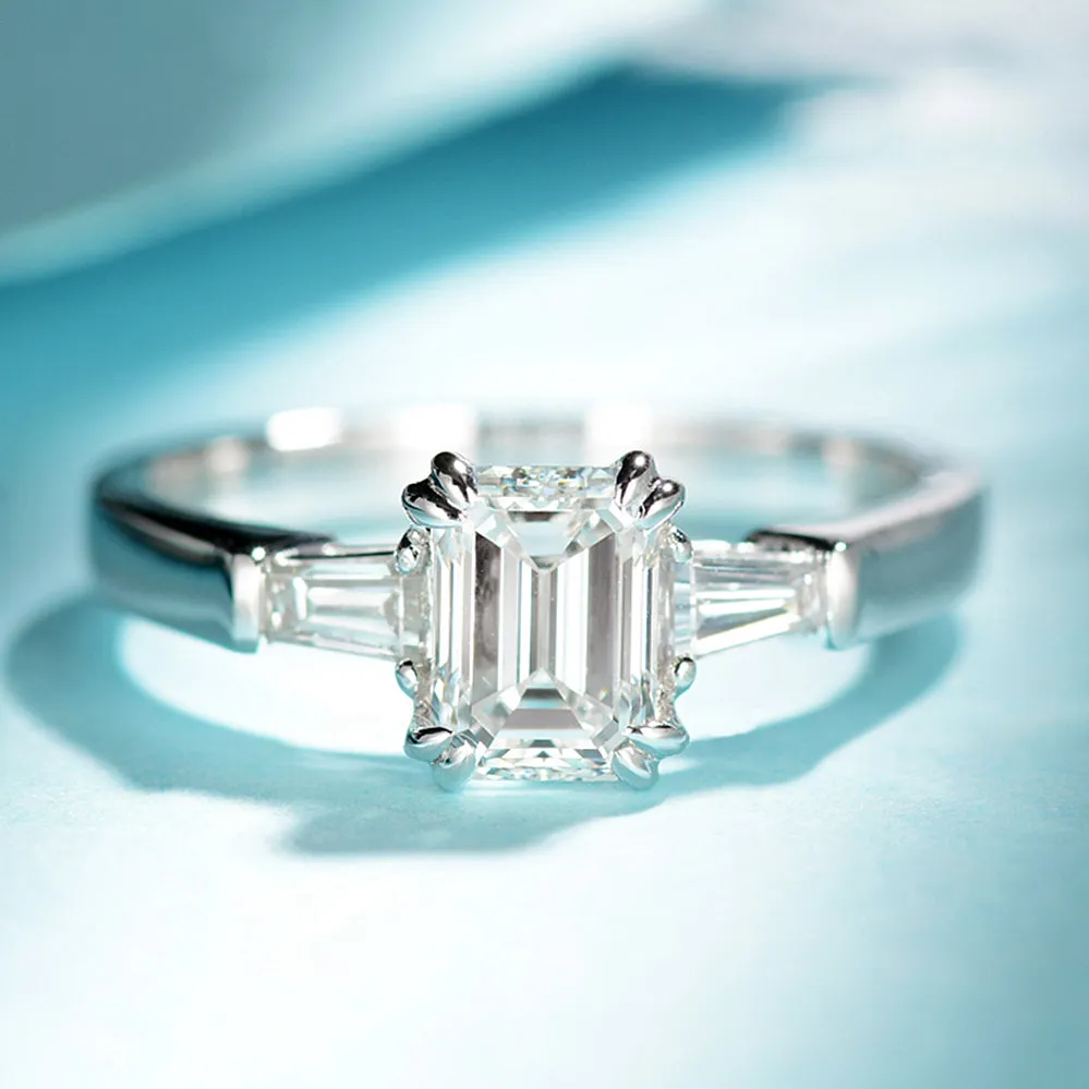 Emerald Cut Lab-Grown Diamond Three Stone Engagement Ring
