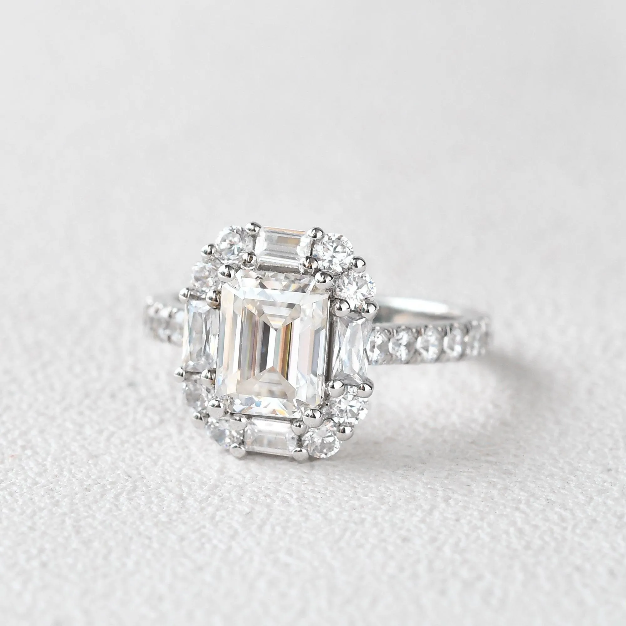 Emerald Cut Moissanite Vintage Inspired White Gold Ring
