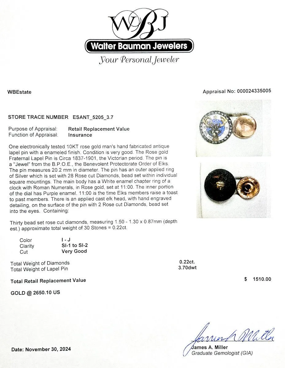 Estate 10K R Gold 0.22ctw I-J/SI1-2 Diamond Lapel Pin