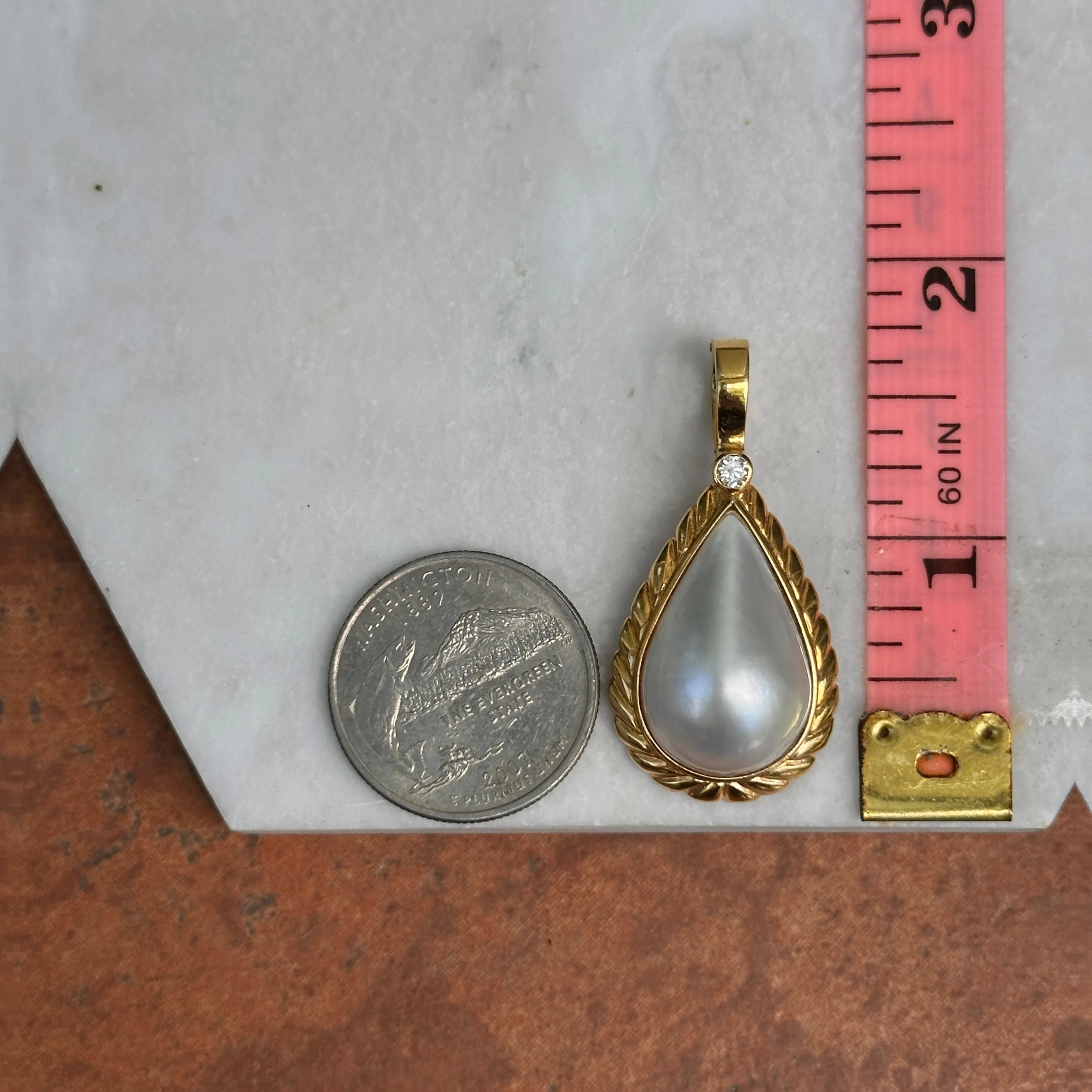 Estate 14KT Yellow Gold Pear Mabe Blister Pearl   Diamond Omega Enhancer Pendant