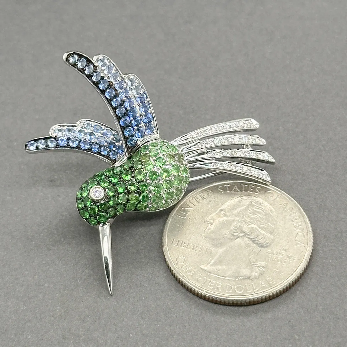 Estate 18K W Gold 2.33ctw Diamond & Gemstone Hummingbird Brooch
