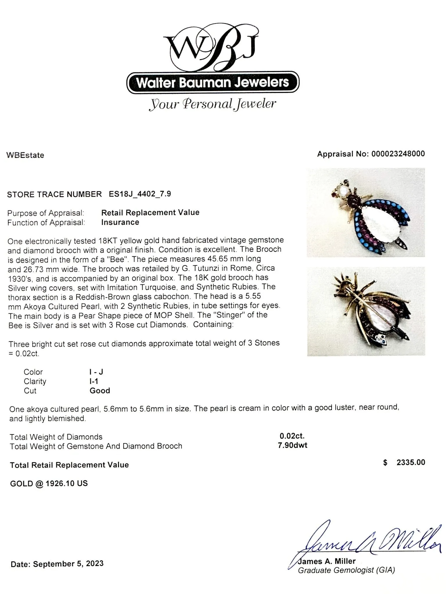 Estate 18K Y Gold M.O.P, Multi-gemstone, 0.02cttw I-J/I1 Diamond Bee Brooch