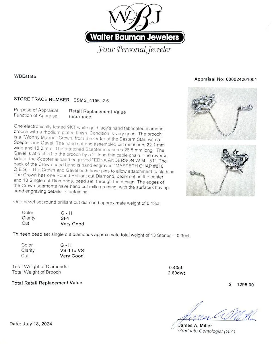 Estate 9K W Gold 0.43ctw G-H/VS1-SI1 Diamond Order of the Eastern Star Crown Pin