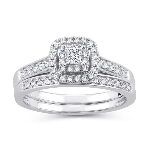 EternalDia 10K White Gold Diamond Double Halo Bridal Set Ring (0.50cttw,I2-I3/IJ)