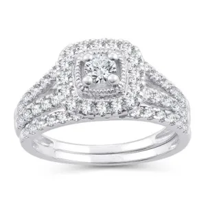 EternalDia 10K White Gold Diamond Split Shank Halo Bridal Set Ring (1 cttw,I2-I3/IJ)