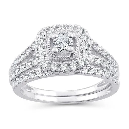 EternalDia 10K White Gold Diamond Split Shank Halo Bridal Set Ring (1 cttw,I2-I3/IJ)