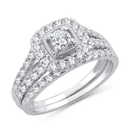 EternalDia 10K White Gold Diamond Split Shank Halo Bridal Set Ring (1 cttw,I2-I3/IJ)