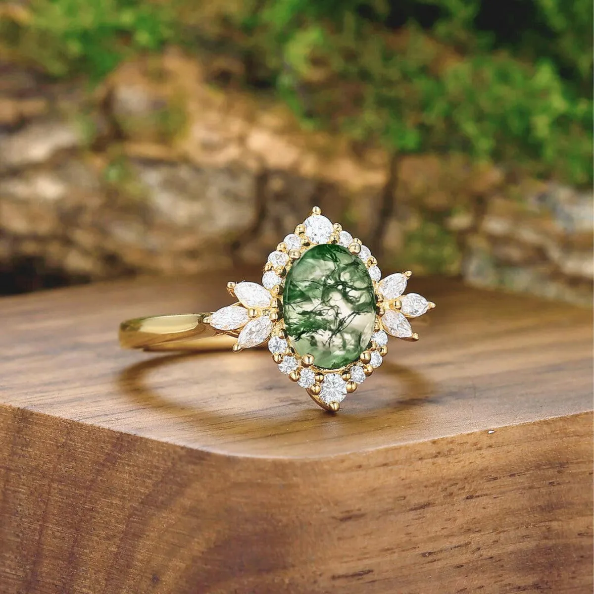 Exquisite Moss Agate Cluster His and Hers Wedding Ring Matching Tungsten Couples Ring
