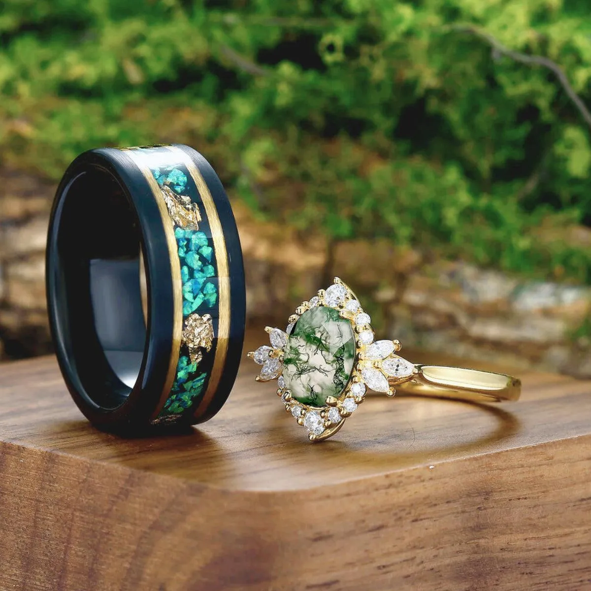 Exquisite Moss Agate Cluster His and Hers Wedding Ring Matching Tungsten Couples Ring