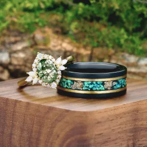 Exquisite Moss Agate Cluster His and Hers Wedding Ring Matching Tungsten Couples Ring